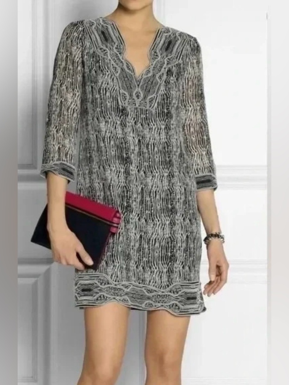 Diane von Furstenberg Lexie Dress 0 Black White Silk Embroidered Tunic Mini DVF